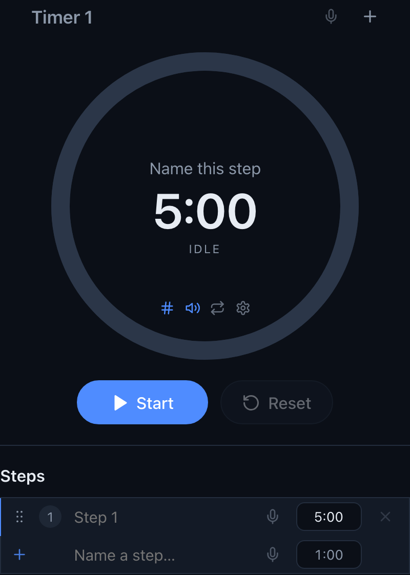 The Minute Timer console with a running countdown, quick-timer chips, and step list
