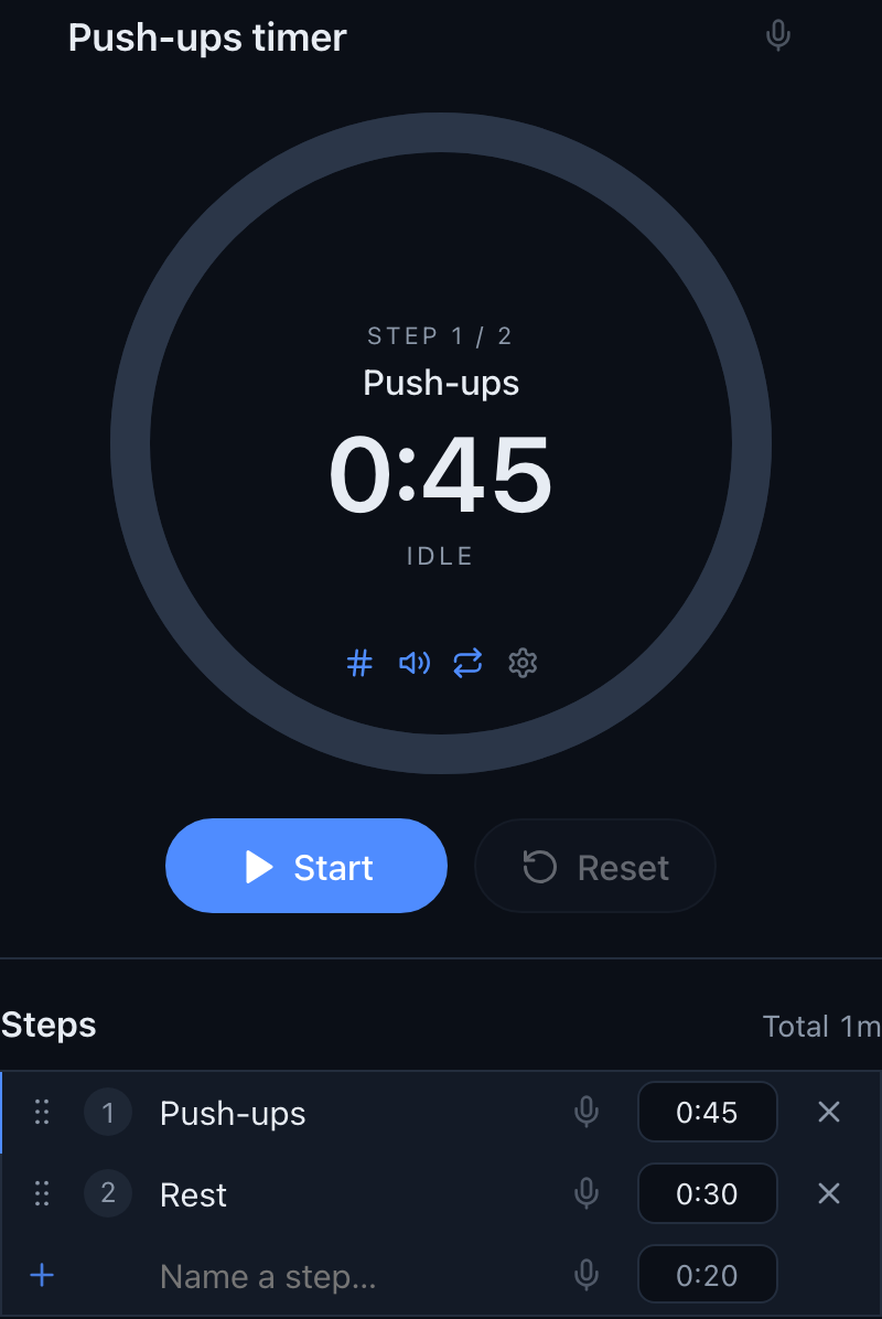 A multi-step routine with named, individually-timed steps in the timer card
